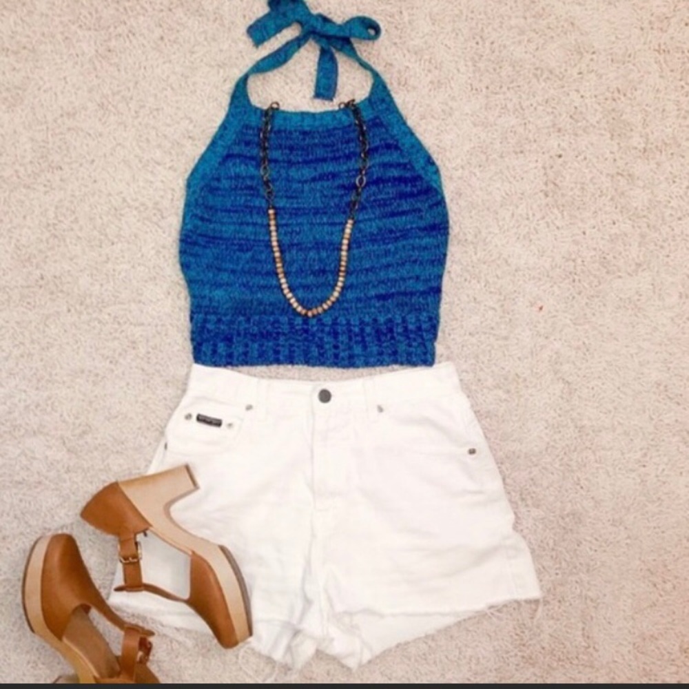 Vintage Knit Blue Open Back Halter Crop Top Small